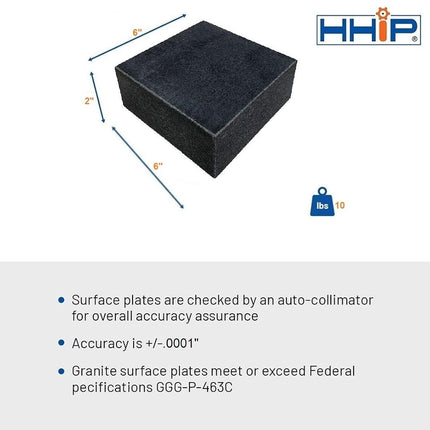 HHIP 4401-1596 6" X 6" X 2" Granite Surface Plate, Grade B, 0 Ledge