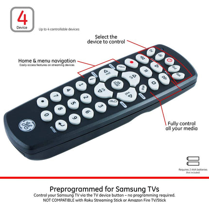 GE Universal Remote Control for Samsung, Vizio, LG, Sony, Sharp, Roku, Apple TV, RCA, Panasonic, Smart TVs, Streaming Players, Blu-ray, DVD, 4-Device, Black, 34708