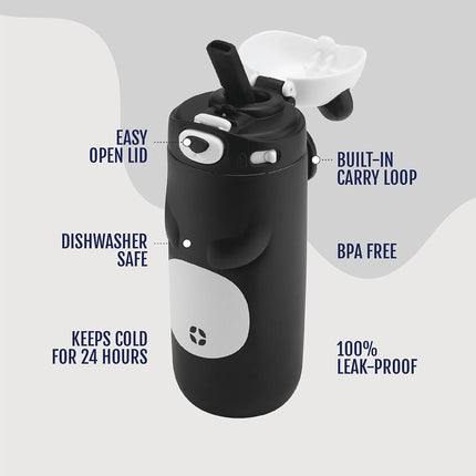 Ello Ellies 12oz Vacuum Insulated Stainless Steel Kids Water Bottle with Straw and Built-in Carrying Handle and Leak-Proof Locking Lid for School Backpack, Lunchbox and Outdoor Sports, Panda