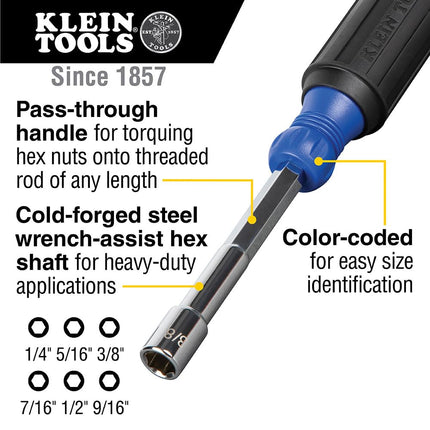 Klein Tools 65411 Hollow-Shaft Nut Driver Set, Heavy-Duty, Color-Coded Hex Sizes 1/4 to 9/16-Inch, Cushion-Grip Handles, 6-Piece