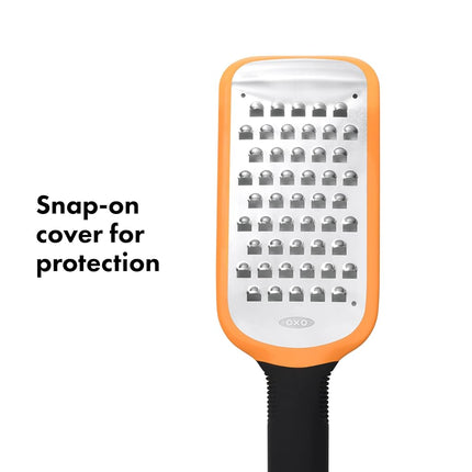 OXO Good Grips Etched Coarse Grater, Sharp Stainless Steel Blade for Cheese, Vegetables and More, Non-Slip Foot, Comfortable Soft Handle, Snap-On Cover, Handheld Kitchen Grater