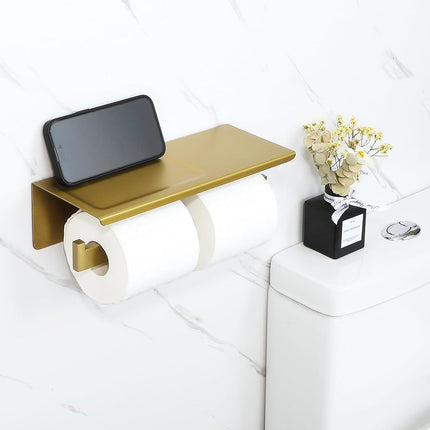 Alise GYT5002-G Double Toilet Paper Holder Bathroom Tissue Roll Holder with Shelf,Two Installation of 3M Self-Adhesive and Wall Drill,SUS304 Stainless Steel Golden Finish