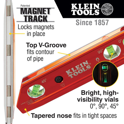 Klein Tools 935RBLT Level, Lighted Torpedo Level with Magnet, 3 Vials and V-Groove, Water and Impact Resistant, Great for Conduit Bending High-Visibility Orange