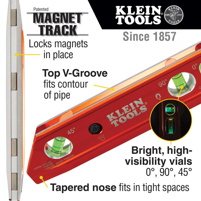 Klein Tools 935RBLT Level, Lighted Torpedo Level with Magnet, 3 Vials and V-Groove, Water and Impact Resistant, Great for Conduit Bending High-Visibility Orange