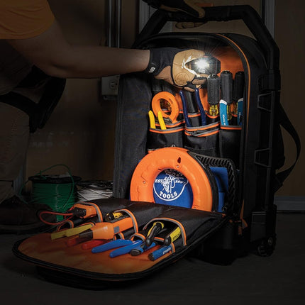 55604 Rolling Tool Backpack Tool Bag with 28 Pockets Heavy Duty Retractable Handle Large Tool Storage Interior 3-Inch Wheels