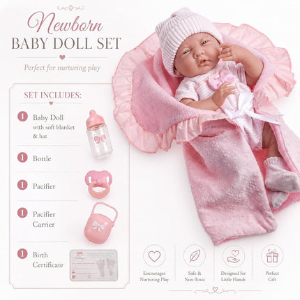 JC Toys 18780 La Newborn Soft Body Boutique Baby Doll, 15.5-Inch, Pink