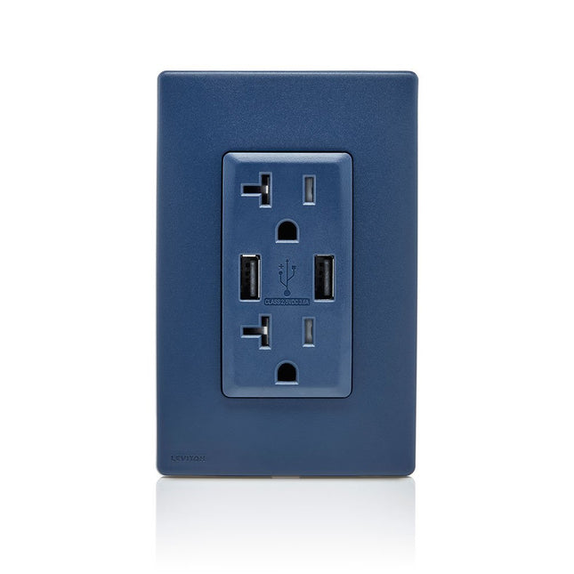 Leviton RUAA2-RN Renu, tomacorriente dúplex con cargador USB y protección contra manipulación, 20 A-125 V CA, color azul marino intenso, 20 A