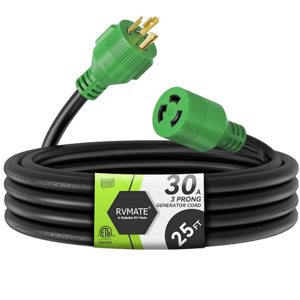 RVMATE Cable de extensión para generador de 3 clavijas y 30 amperios, 25 pies, cubierta SJTW NEMA L5-30P/L5-30R 125V