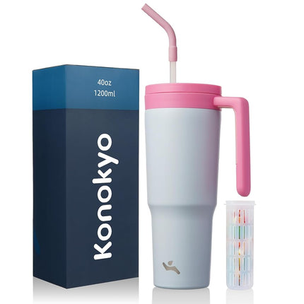Konokyo Insulated Tumbler with Handle and Straw,40 OZ Vacuum Stainless Steel Water Bottle Travel Mug Metal Cup with Fruit Diffuser,Pink Grey