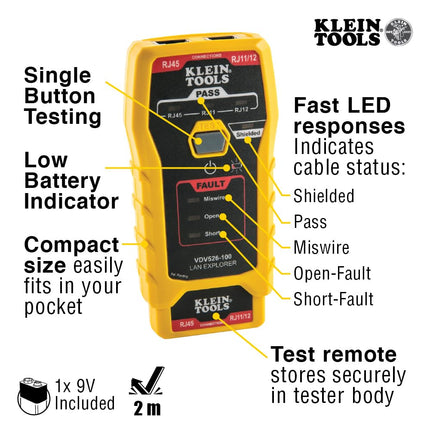 Klein Tools 80085 Kit de comprobador de cables VDV LAN y cables para enchufes de datos modulares RJ45 Pass-THRU de Klein, 6 piezas
