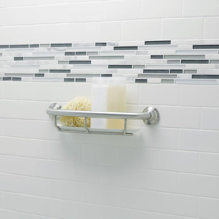 Moen Home Care Barre d'appui de sécurité pour salle de bain de 40 cm pour baignoire et douche avec étagère de rangement, produit d'aide pour personnes âgées, nickel brossé, R2356DBN