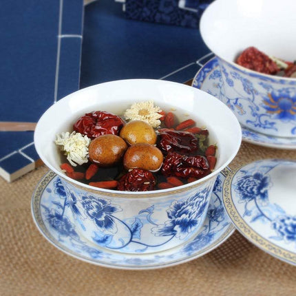 Chinese Porcelain Teacups 10oz Gaiwan Flower Tureen Tradition Sancai Cover Bowl Lip Cup Saucer Tea Set Loose Tea Blooming (Blue Silk Peony)