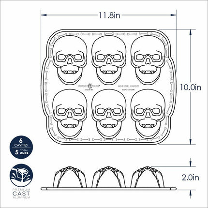 Nordic Ware Skull Cakelet Pan, 3D Cast Aluminium Bundt Tin, Bundt Cake Tin with Skull Pattern, Cake Mould, Bronze