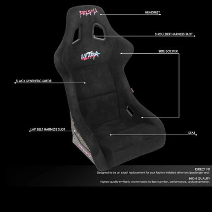 Sièges baquets de course universels NRG Innovations NRG-FRP-302BK-ULTRA à dossier fixe pour harnais 6 points, taille L, revêtement noir, noir -ULTRA, 24" l. X 36" H X 18" P