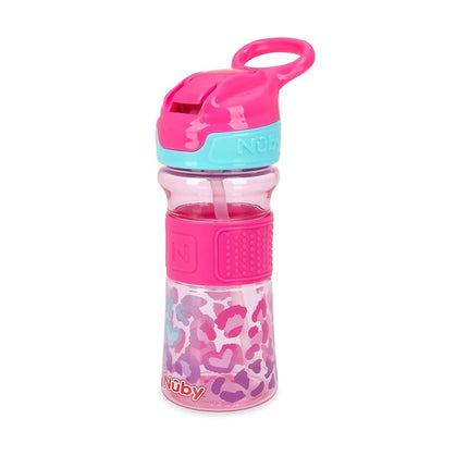 Nuby Thirsty Kids Vaso Entrenador Antiderrame Flip-It con Boquilla Suave - 12 oz - 18+ Meses - Leopardo Rosa - Esenciales para la Vuelta al Cole