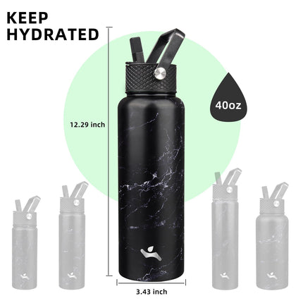 Konokyo 40oz Insulated Water Bottle Sport Stainless Steel Water Bottles with 3 Lids,Marble Midnight