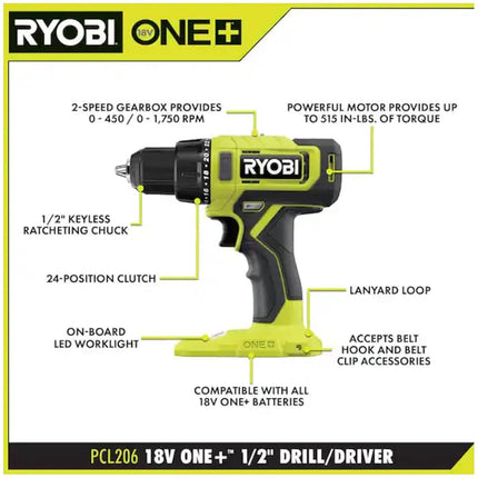 RYOBI ONE+ Taladro/Atornillador inalámbrico de 18 V y 1/2 pulg. (solo herramienta) PCL206B Negro Verde