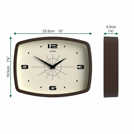 JONES CLOCKS® Movie wall clock | Rectangular retro clock | 25cm | Mocha brown | Cool mid-century designer look for kitchen, living room or office