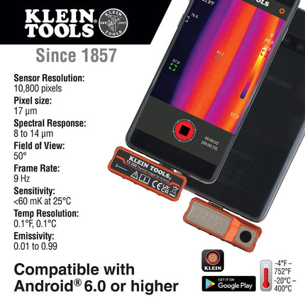 Klein Tools TI220 Thermal Imager for Android Devices, Thermal Imaging Camera, 10,800 Pixels, Three Color Palettes, High/Low Temperatures