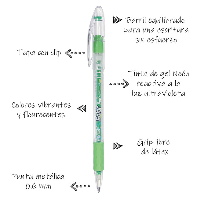 Stylo gel néon Pentel Solar Pop, (0,6 mm) trait moyen, encre vert citron - K96-K