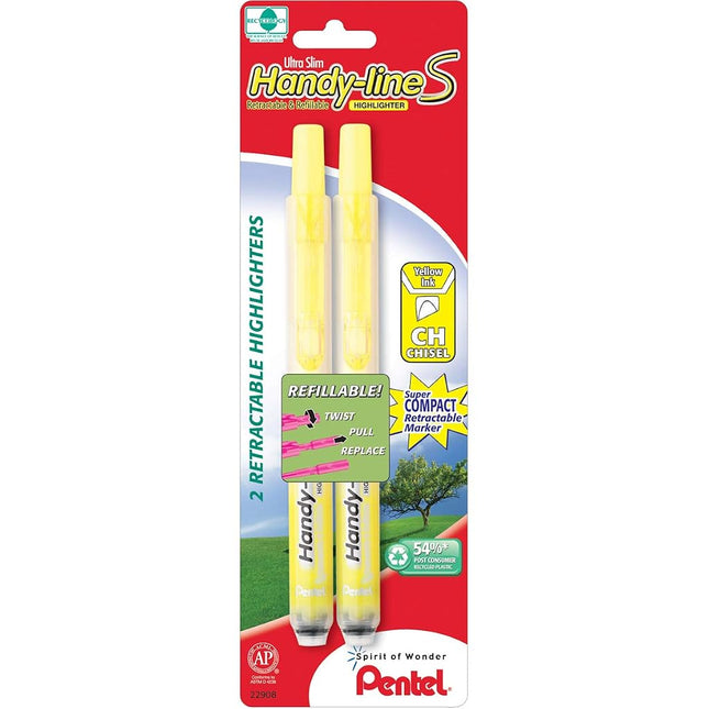 Pentel Handy-line S Retractable Highlighter, Chisel Tip, Yellow Ink, 2 Pack (SXS15BP2G)