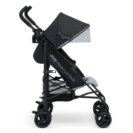 Delta Children Jeep AdventureGlyde Lightweight Travel Stroller with Smoothest Ride and Compact Folding, 3-Position Recliner, Extra Large Storage Basket, Black/Grey