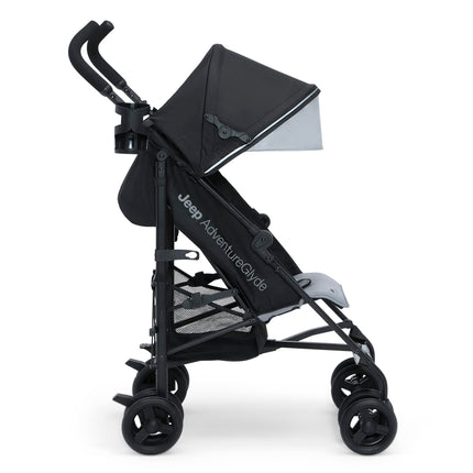 Delta Children Jeep AdventureGlyde - Silla de paseo ligera de viaje con paseo más suave y plegado compacto, reclinación de 3 posiciones, cesta de almacenamiento extra grande, negro/gris