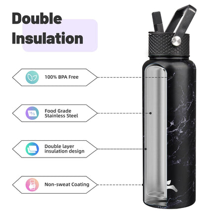 Konokyo 40oz Insulated Water Bottle Sport Stainless Steel Water Bottles with 3 Lids,Marble Midnight