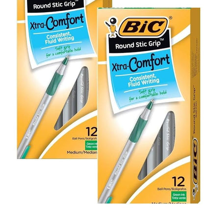BIC Round Stic Grip Xtra Comfort Ball Pen Medium Pt 1.2mm Green 2DOZEN GSMG11GN