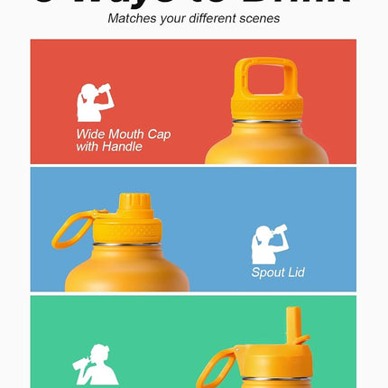 Water Bottle 40 oz Insulated with Straw&Brush, Coolflask Vaccum Stainless Steel Metal 3 Lids Water Flask for Sports, Gym or Office, Keep Cold 48H Hot 24H, Ombre Yellow/Orange