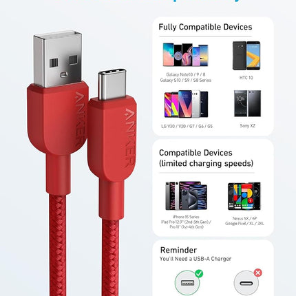Anker USB A to USB C Cable, Charger Cord (2 Pack,3ft), for iPhone 17 Series,Samsung Galaxy Note 10/S10+ S10, LG V30 (Red)