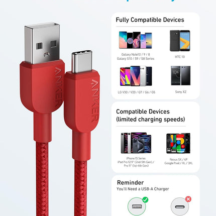 Anker cable USB A a USB C, cable cargador (2 unidades, 0,9 m), para iPhone 17 Series, Samsung Galaxy Note 10/S10+ S10, LG V30 (Rojo)