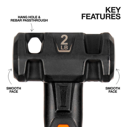 Klein Tools H80692 Sledge Hammer, 2-Pound Smooth Face Drilling Hammer with Fiberglass Handle, Shock-Resistant Design for Striking and Demolition, Includes Lanyard Hole