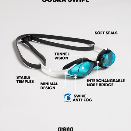 ARENA Cobra Original Swipe Unisex Adult Racing Swimming Goggles, Swimming Pool Goggles with UV Protection Anti-Fog Lenses, 4 Interchangeable Nose Bridges
