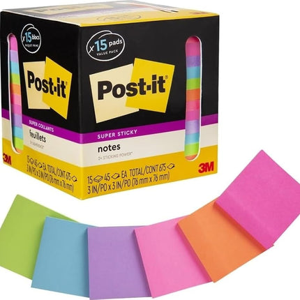 Super Sticky Notes, 3 in. x 3 in., Assorted Bright Colors, 45 Sheets/Pad, 15 Pads/Pack