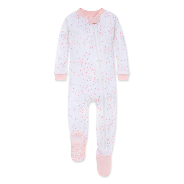 Burt's Bees Baby - Pijama enterizo con cierre y paquete de baberos para bebé niña, 100% algodón orgánico, Pink Twinkle Bee, 12 meses
