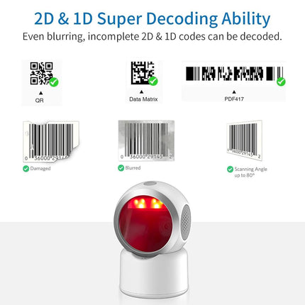 2D QR Barcode Scanner Omnidirectional Hands-Free USB Automatic Barcode Reader for Mobile Payment Computer Screen Scan