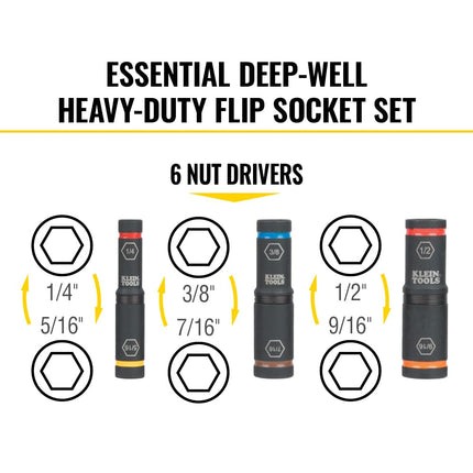 Klein Tools 65238 KNECT Impact Socket Set, Deep Sockets with Wrench, 3 Heavy-Duty Color Coded Flip Sockets, 6 SAE Sizes, Ratchet, Adapter and MODbox Case