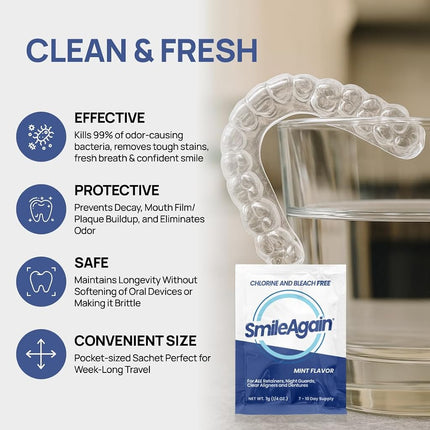 Limpiador de retenedores Smile Again - 180 limpiezas (0.17 por limpieza) Paquete de 22/suministro para 6 meses - para alineadores transparentes, dentaduras postizas, retenedores, protectores bucales y protectores nocturnos - Cristales de limpieza, menta