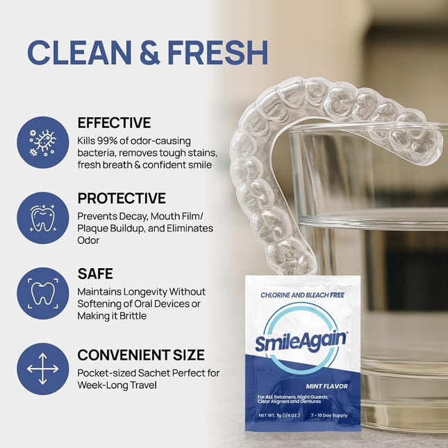 Smile Again Retainer Cleaner - 180 Cleanings (0.17 Per Cleaning) 22 Pack/6 Month Supply - for Clear Aligners, Dentures, Retainers, Mouth Guards & Night Guards - Cleaning Crystals, Mint