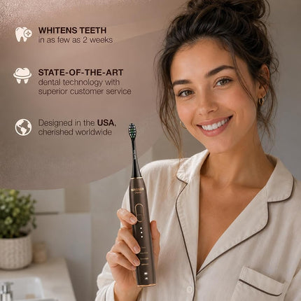 Wagner Stern IntelliBrush Series Whitening Electric Toothbrush with Pressure Sensor. Offers 4 Brushing Modes, 3 intensities, 8 Soft Brush Heads, and a Luxury Travel case.