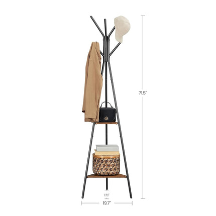VASAGLE Coat Rack Freestanding, Coat Hanger Stand, Hall Tree with 2 Shelves, for Clothes, Hat, Bag, Industrial Style, Rustic Brown and Black URCR16BX