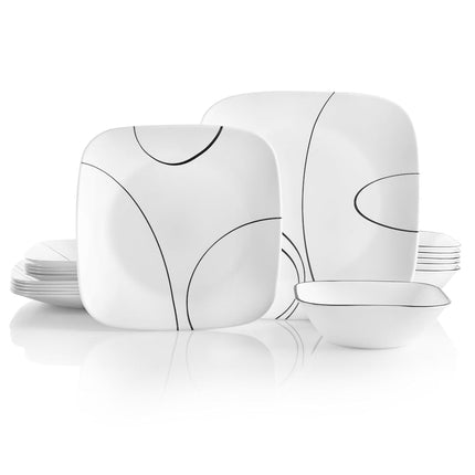 Service de table Corelle 18 pièces, motifs Simple Lines, noir et blanc, pour 6 personnes