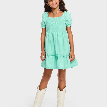 The Children's Place Girls' Short Sleeve Smocked Summer Dresses, Mint Tea, Large