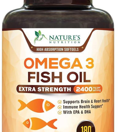 Omega 3 Fish Oil Supplements - 2400mg Fish Oil Per Serving - Triple Strength Omega-3 with EPA & DHA Fatty Acids - Natural Heart, Brain & Immune Support - Wild Caught, Bottled in USA - 180 Softgels