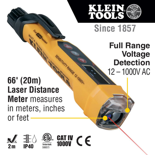 Klein Tools NCVT-6 Non-Contact Volt Tester, 12-1000V AC Pen with Integrated Laser Distance Measure, LED and Audible Alarms, Pocket Clip