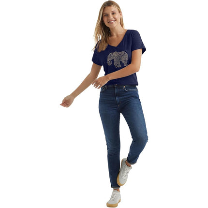 Hanes womensO9175Women's Short Sleeve Graphic V-Neck Tee Short Sleeve Shirt - Blue - Large