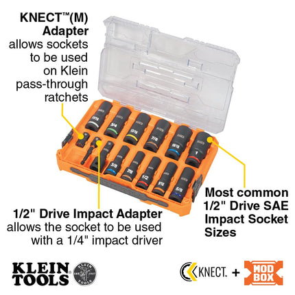 Klein Tools 65111IMPCT KNECT Deep-Well Impact Socket Set, 1/2-Inch Drive, SAE, Color Coded, MODbox Case, Impact Adapter and Extension, 14-Piece