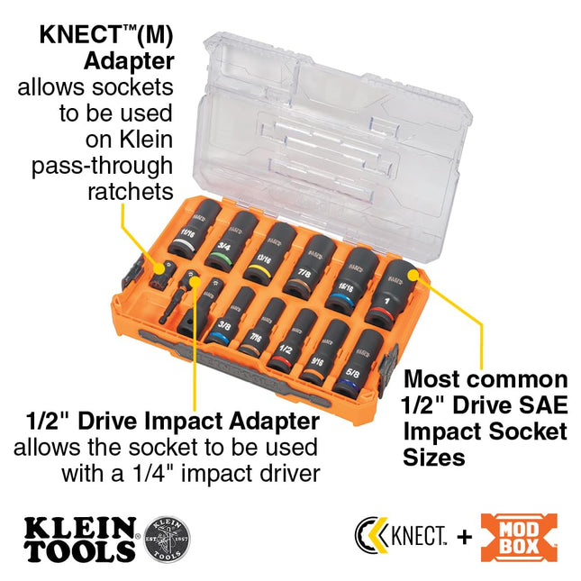 Klein Tools 65111IMPCT KNECT Deep-Well Impact Socket Set, 1/2-Inch Drive, SAE, Color Coded, MODbox Case, Impact Adapter and Extension, 14-Piece