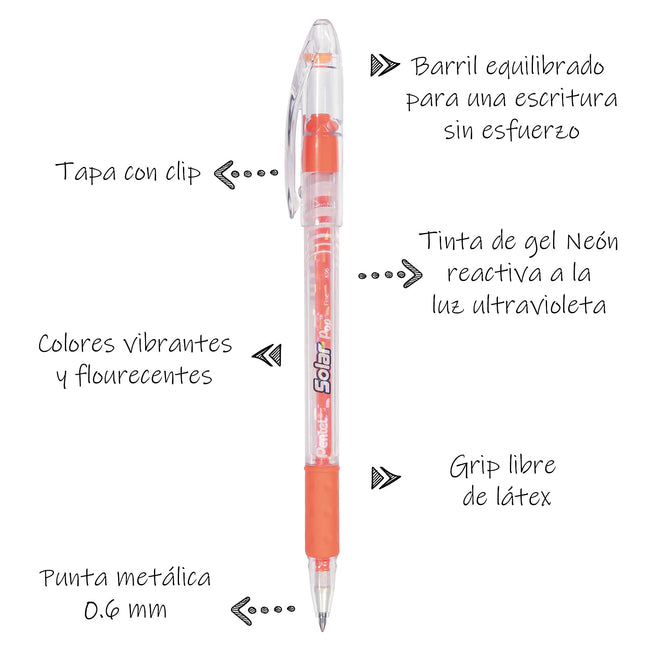 Bolígrafo de gel neón Pentel Solar Pop, (0,6 mm) trazo medio, tinta naranja - K96-F